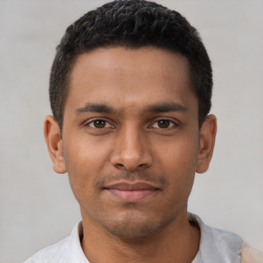 Neutral black young-adult male with short  black hair and brown eyes