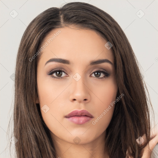 Neutral asian young-adult female with long  brown hair and brown eyes