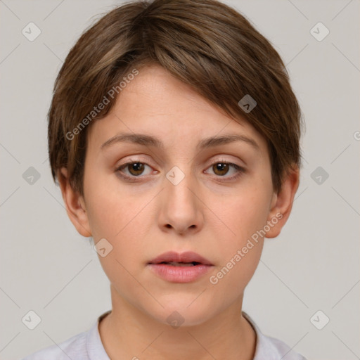 Neutral white young-adult female with short  brown hair and brown eyes