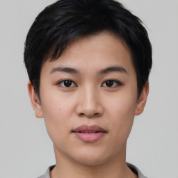 Joyful asian young-adult female with short  black hair and brown eyes