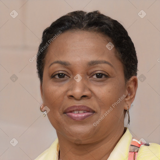 Joyful latino adult female with short  brown hair and brown eyes