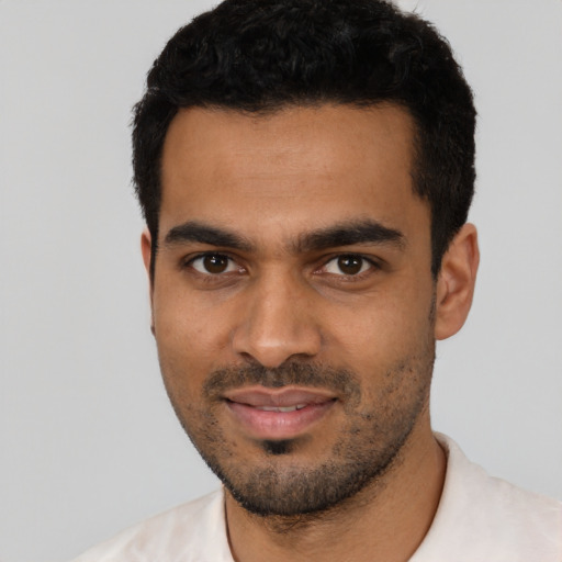Neutral latino young-adult male with short  black hair and brown eyes