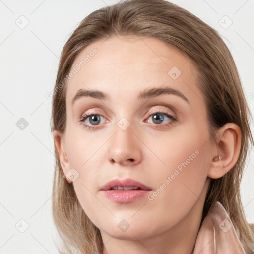 Neutral white young-adult female with long  brown hair and grey eyes