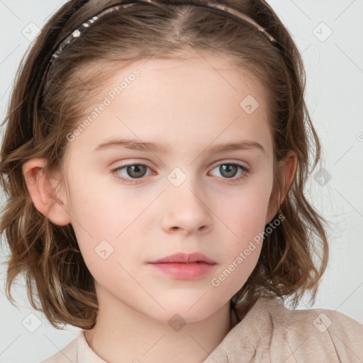 Neutral white child female with medium  brown hair and blue eyes