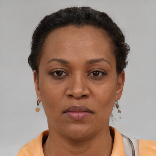 Neutral latino adult female with short  brown hair and brown eyes