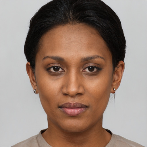 Neutral asian young-adult female with short  black hair and brown eyes