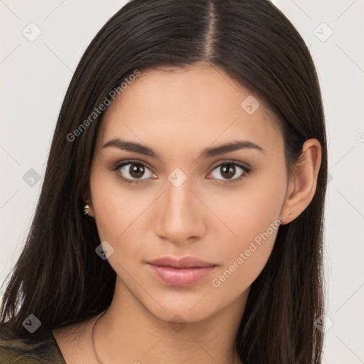 Neutral white young-adult female with long  brown hair and brown eyes