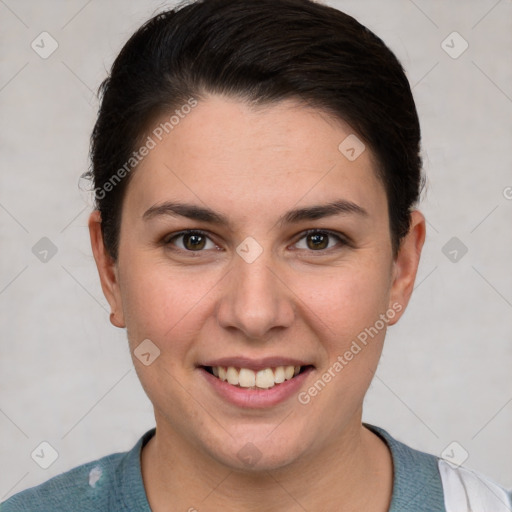 Joyful white young-adult female with short  brown hair and brown eyes