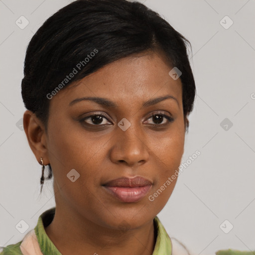 Joyful black young-adult female with short  brown hair and brown eyes