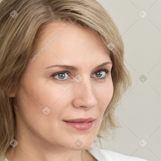 Joyful white young-adult female with medium  brown hair and green eyes