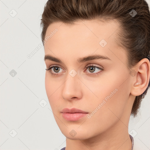 Neutral white young-adult female with short  brown hair and brown eyes