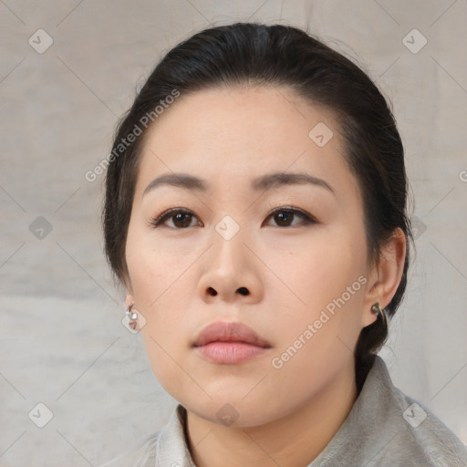 Neutral asian young-adult female with medium  brown hair and brown eyes