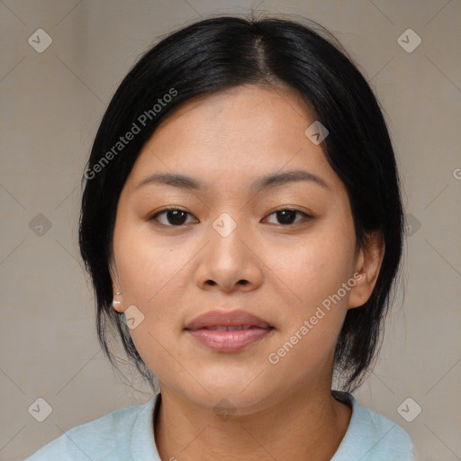 Neutral asian young-adult female with medium  black hair and brown eyes