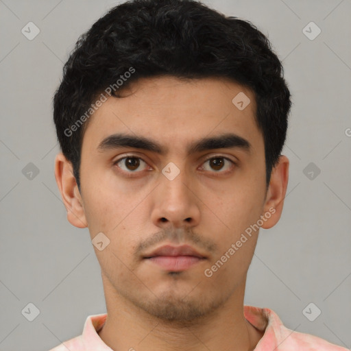 Neutral asian young-adult male with short  black hair and brown eyes