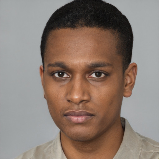 Neutral black young-adult male with short  black hair and brown eyes