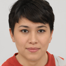 Joyful asian young-adult female with short  brown hair and brown eyes