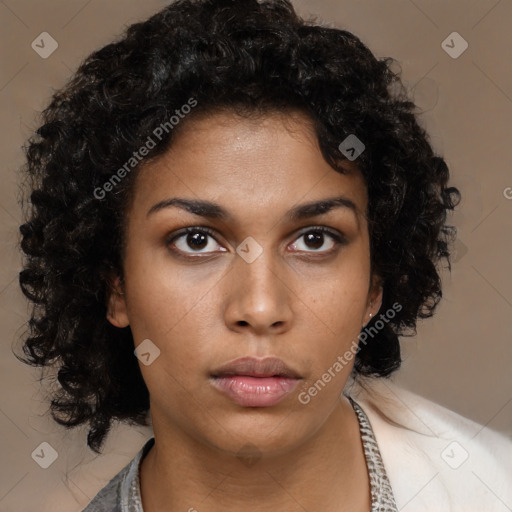 Neutral black young-adult female with medium  brown hair and brown eyes