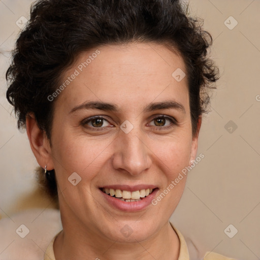 Joyful white adult female with short  brown hair and brown eyes