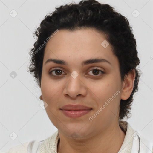 Joyful latino young-adult female with short  brown hair and brown eyes