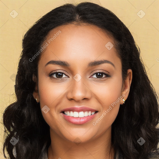 Joyful latino young-adult female with long  brown hair and brown eyes