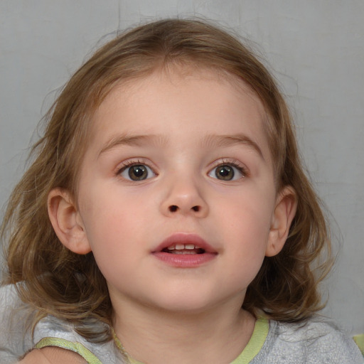 Neutral white child female with medium  brown hair and blue eyes