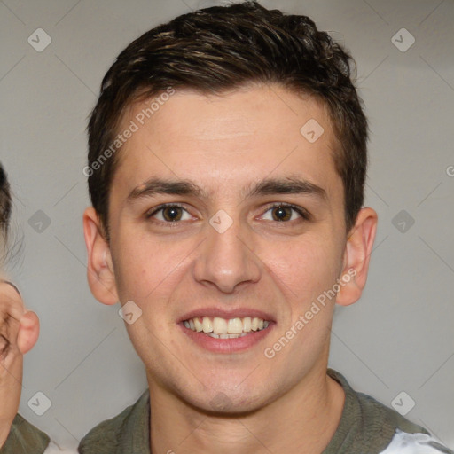 Joyful white young-adult male with short  brown hair and brown eyes