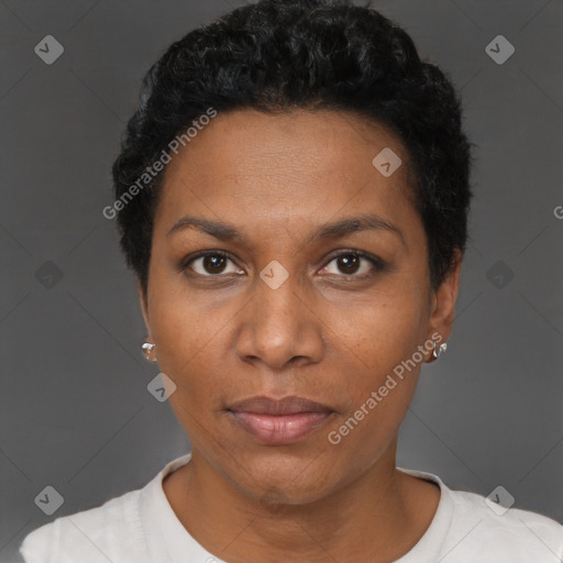 Neutral black young-adult female with short  black hair and brown eyes