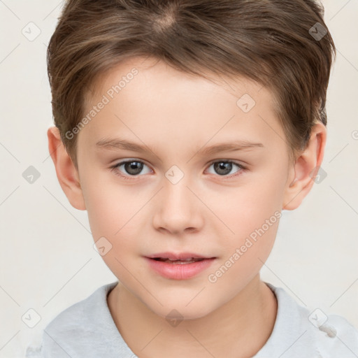 Joyful white child female with short  brown hair and brown eyes