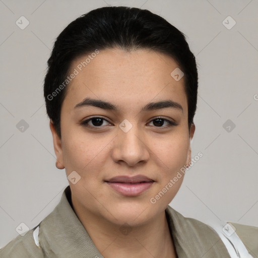 Joyful latino young-adult female with short  black hair and brown eyes