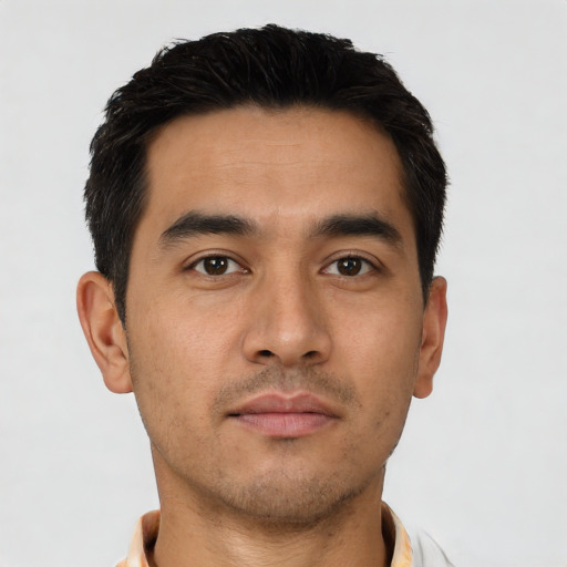 Neutral asian young-adult male with short  brown hair and brown eyes
