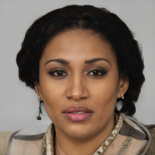 Joyful black adult female with short  brown hair and brown eyes