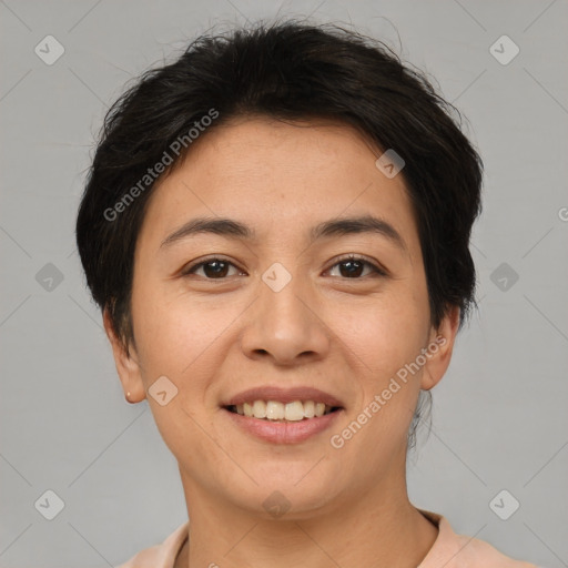 Joyful asian young-adult female with short  brown hair and brown eyes