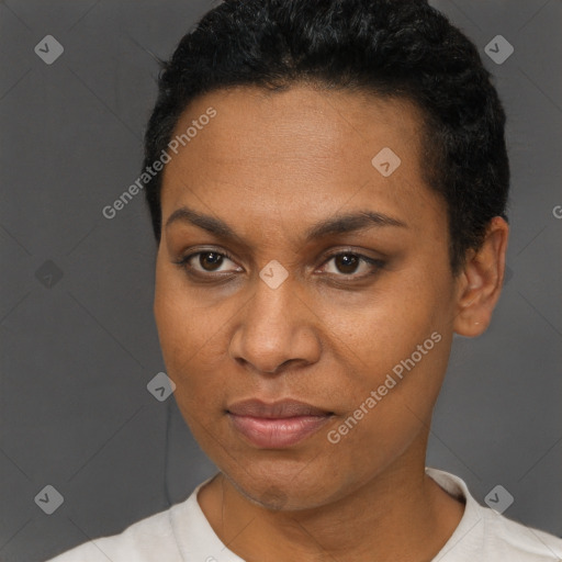 Joyful black young-adult female with short  black hair and brown eyes