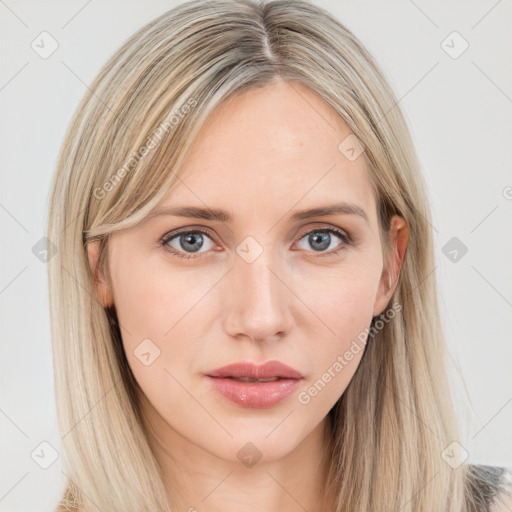 Neutral white young-adult female with long  brown hair and grey eyes