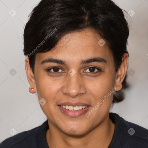 Joyful white young-adult female with short  brown hair and brown eyes