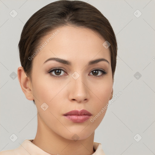 Neutral white young-adult female with short  brown hair and brown eyes