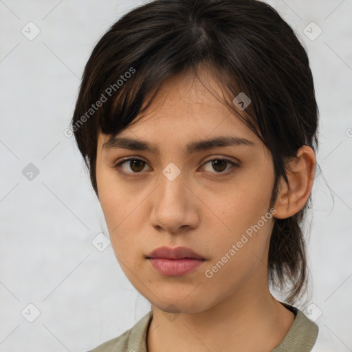 Neutral asian young-adult female with medium  brown hair and brown eyes