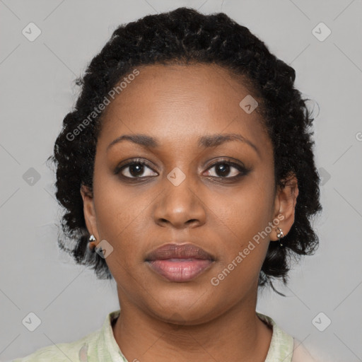 Neutral black young-adult female with short  black hair and brown eyes