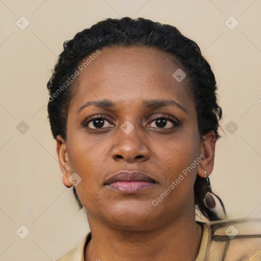 Neutral black young-adult female with short  black hair and brown eyes