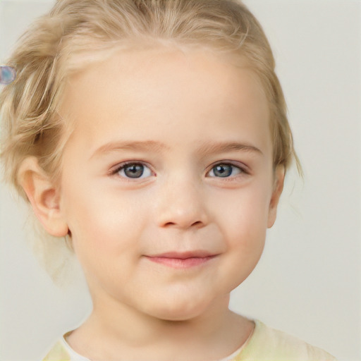 Joyful white child female with medium  blond hair and blue eyes