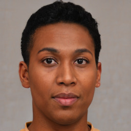 Joyful black young-adult female with short  brown hair and brown eyes