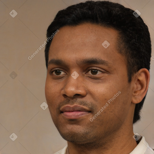 Neutral black young-adult male with short  black hair and brown eyes