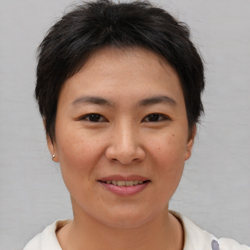Joyful asian young-adult female with short  brown hair and brown eyes