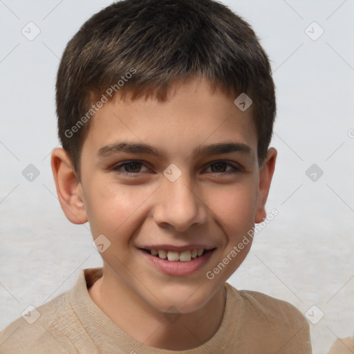 Joyful white child male with short  brown hair and brown eyes