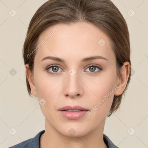 Neutral white young-adult female with medium  brown hair and grey eyes