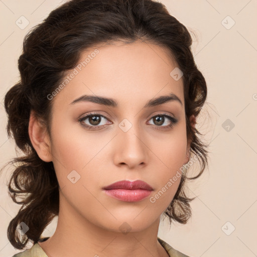 Neutral white young-adult female with medium  brown hair and brown eyes