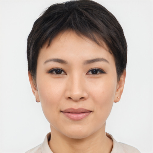 Joyful asian young-adult female with short  brown hair and brown eyes