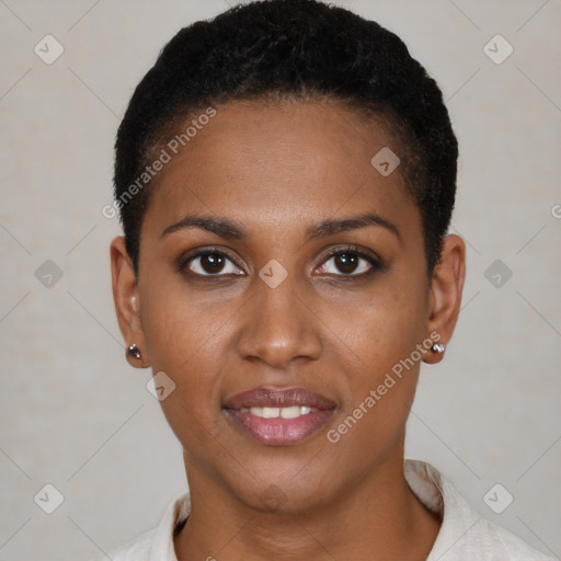 Joyful black young-adult female with short  brown hair and brown eyes