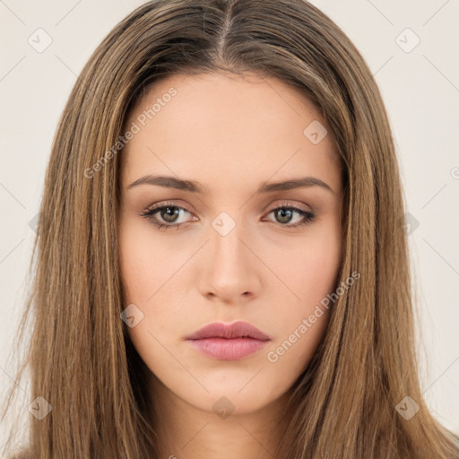 Neutral white young-adult female with long  brown hair and brown eyes