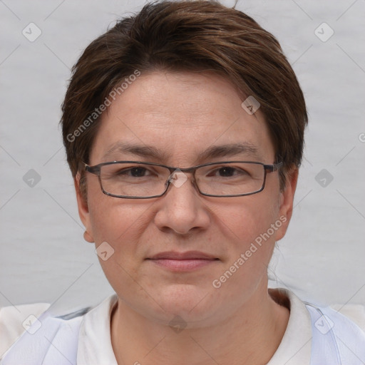 Joyful white adult female with short  brown hair and brown eyes